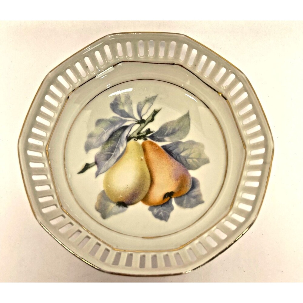 Vintage Schumann Bavaria Pear Reticulated Porcelain Trinket Dish Bowl Gold Rim 5